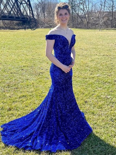 Wholesale Royal Blue Sheath Off the Shoulder Sweep Train Prom Dress Canada