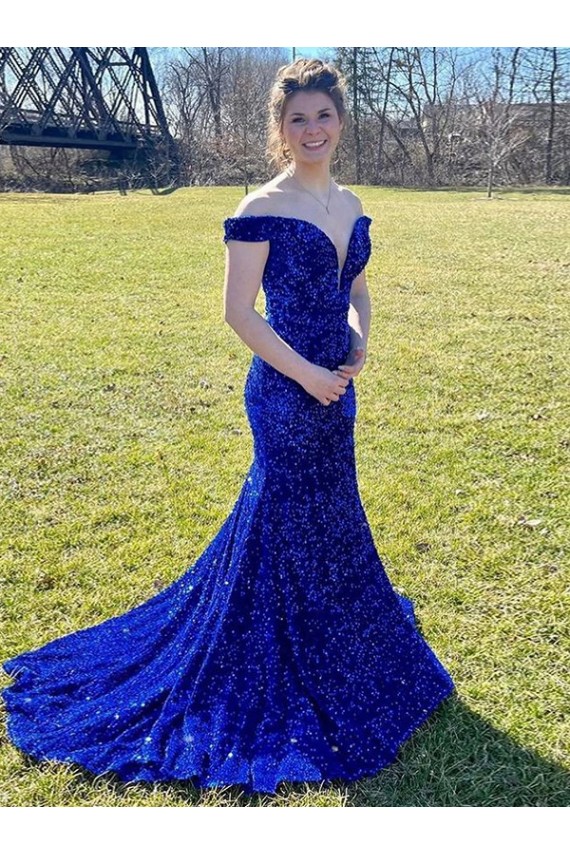 Wholesale Royal Blue Sheath Off the Shoulder Sweep Train Prom Dress Canada