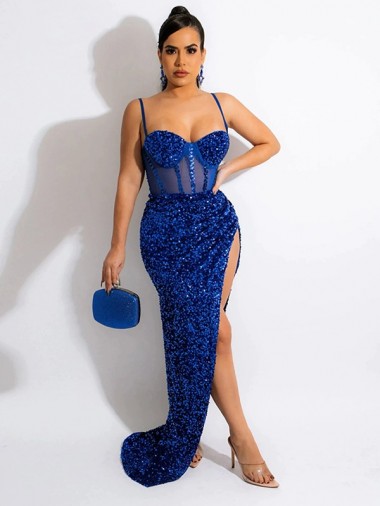 Wholesale Royal Blue Sheath Spaghetti Straps Sweep Train Prom Dress Canada