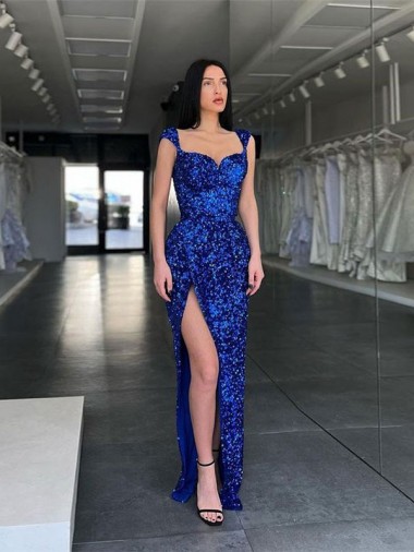 Wholesale Royal Blue Sheath Spaghetti Straps Sweep Train Velvet Sequin Prom Dress Canada