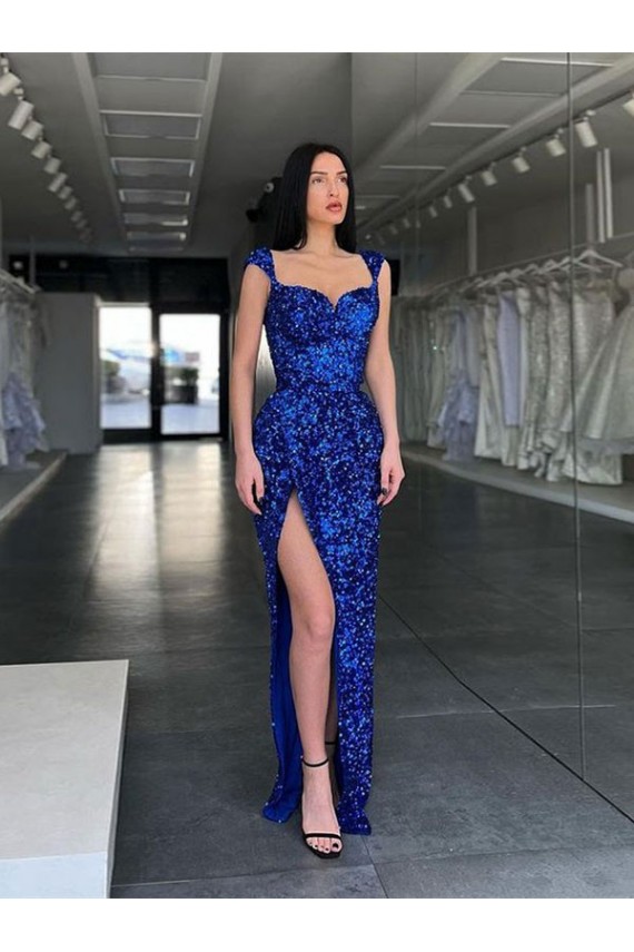 Wholesale Royal Blue Sheath Spaghetti Straps Sweep Train Velvet Sequin Prom Dress Canada