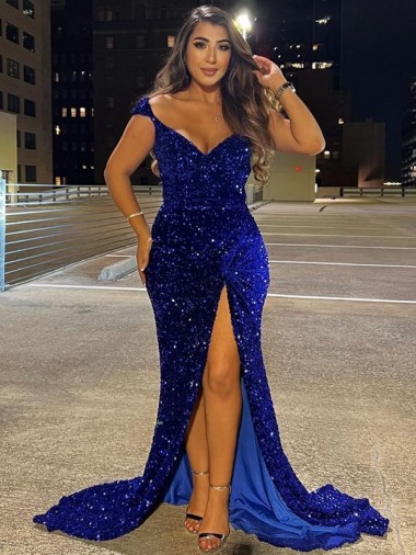 Wholesale Royal Blue Sheath V-Neck Sweep Train Dress Canada