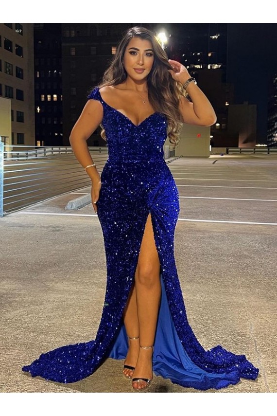 Wholesale Royal Blue Sheath V-Neck Sweep Train Dress Canada