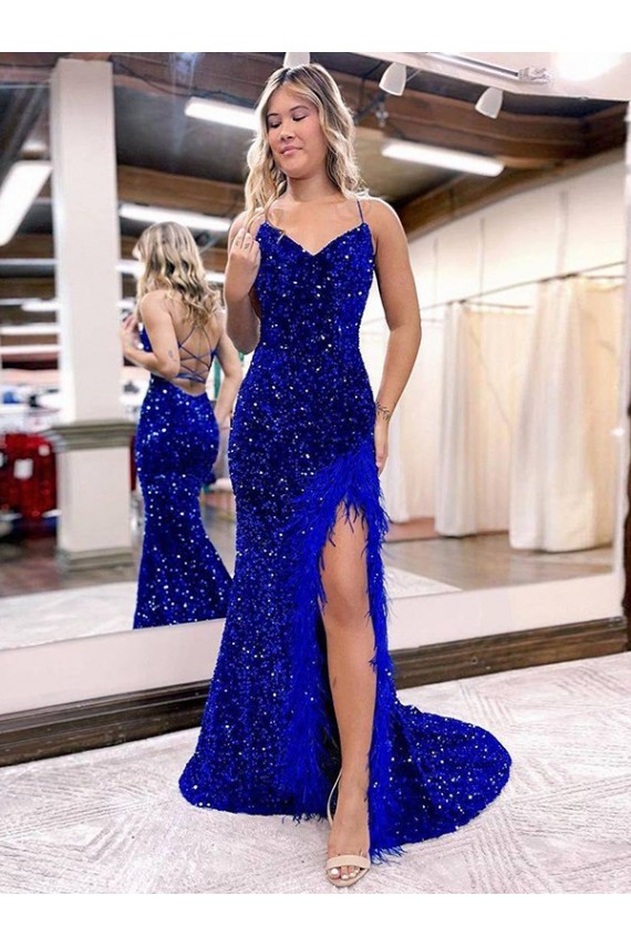 Wholesale Royal Blue Sheath V-Neck Sweep Train Velvet Sequin Prom Dress Canada