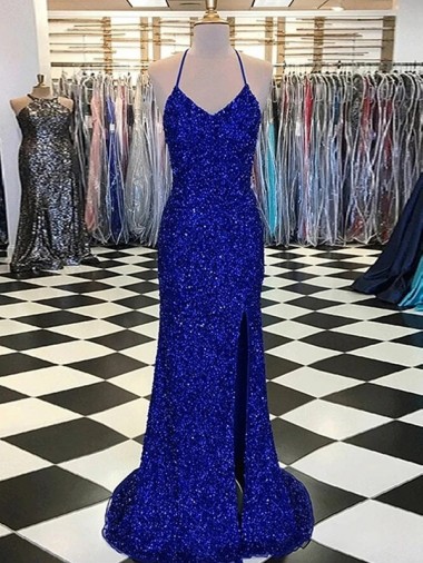 Wholesale Royal Blue Sheath V-Neck Sweep Train Prom Dress Canada