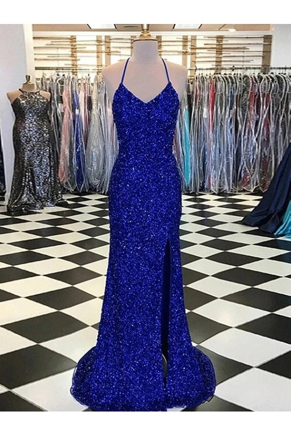 Wholesale Royal Blue Sheath V-Neck Sweep Train Prom Dress Canada