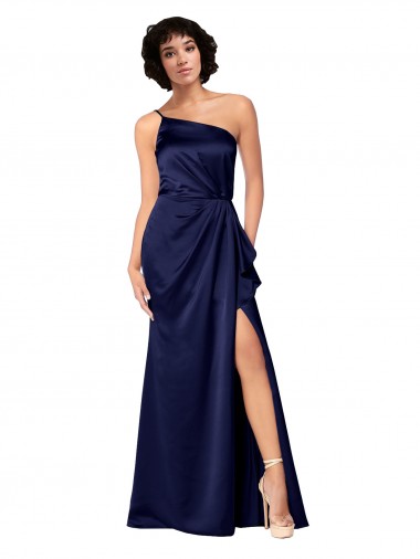 Wholesale Sapphire A-Line One Shoulder Long Black Tie Prom Dress Canada