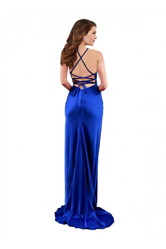 Wholesale Open Back Royal Blue Sheath Cowl Neck Long Prom Dress Canada