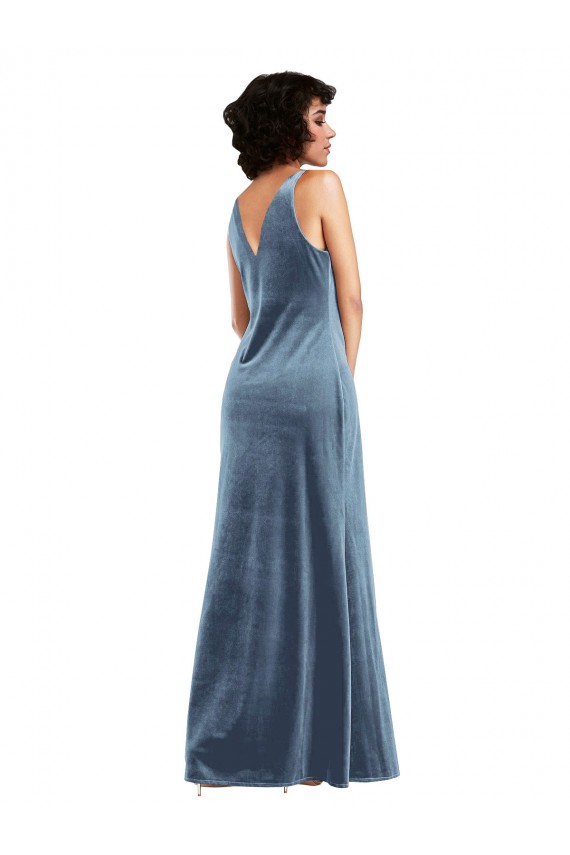 Wholesale V-Back Dusty Blue Sheath Cowl Neck Long Prom Dress Canada