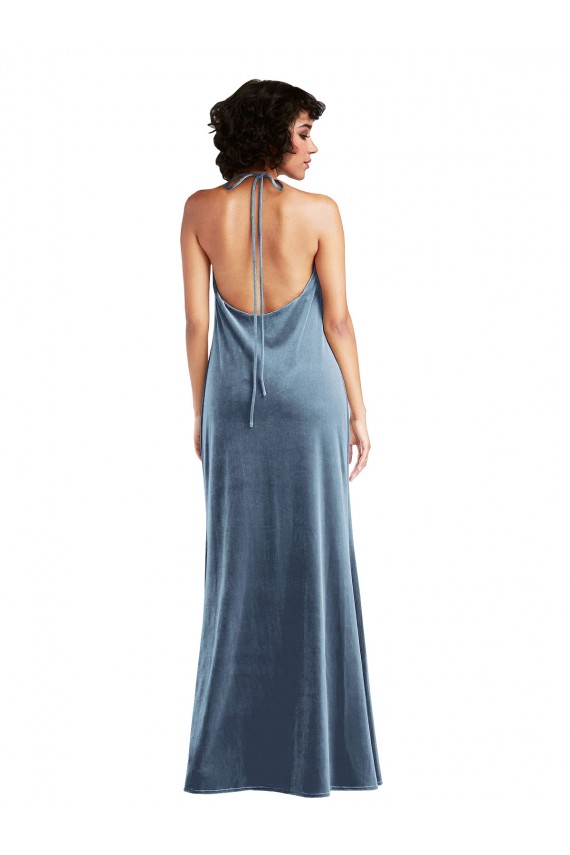 Wholesale Dusty Blue Sheath Cowl Neck Long Stretch Velvet Prom Dress Canada