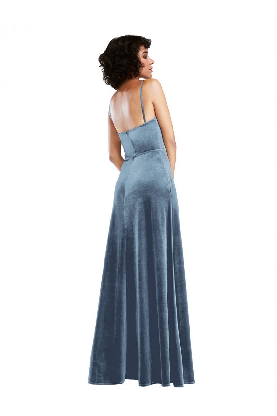 Wholesale Open Back Dusty Blue Sheath Cowl Neck Long Prom Dress Canada