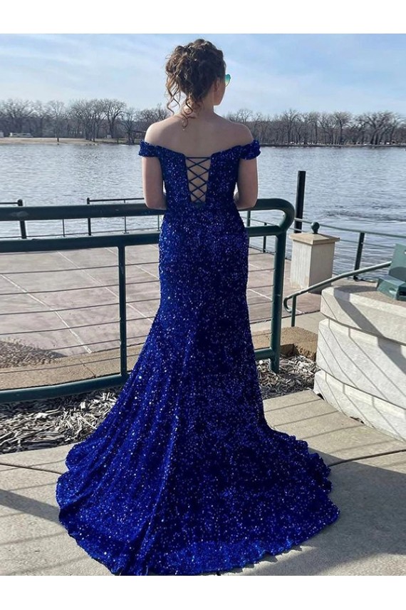 Wholesale Royal Blue Sheath Off the Shoulder Sweep Train Prom Dress Canada