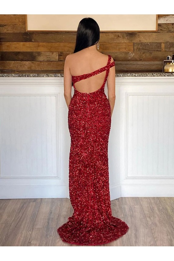 Wholesale Burgundy Sheath One Shoulder Sweep Train Prom Dress Canada