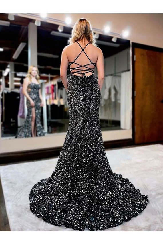 Wholesale Sheath Spaghetti Straps Sweep Train Velvet Sequin Prom Dress Canada