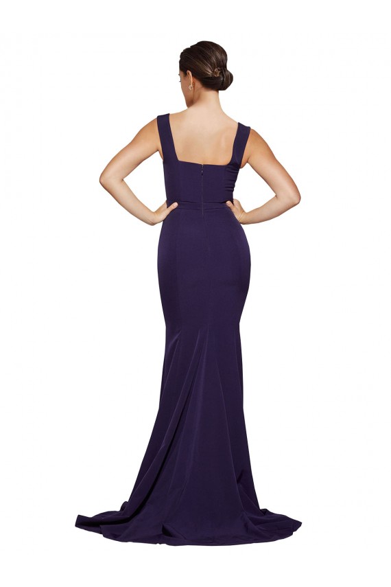 Wholesale Dark Navy Sheath Square Neck Sweep Train Prom Dress Canada
