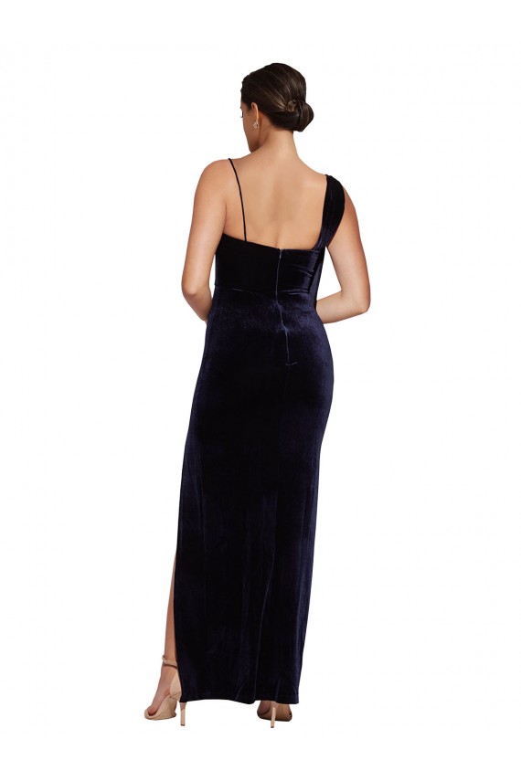 Wholesale Low Back Dark Navy Sheath Square Neck Long Prom Dress Canada