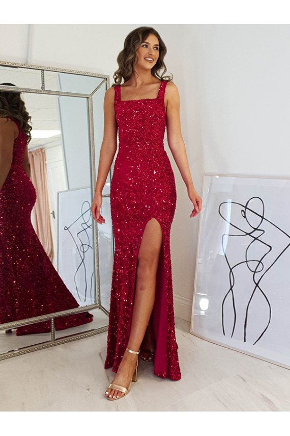 Wholesale Burgundy Sheath Square Neck Long Prom Dress Canada