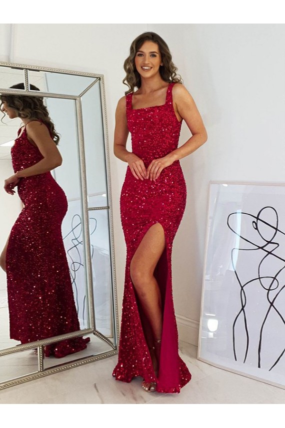 Wholesale Burgundy Sheath Square Neck Long Prom Dress Canada