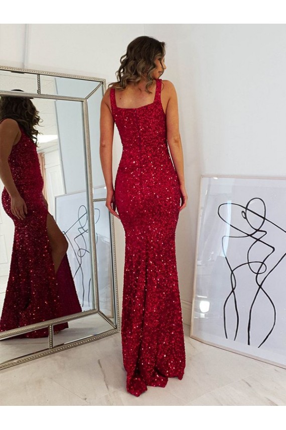 Wholesale Burgundy Sheath Square Neck Long Prom Dress Canada