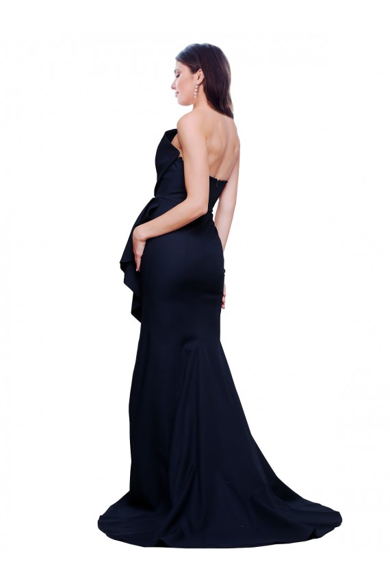 Wholesale Low Back Dark Navy Sheath Strapless Sweep Train Prom Dress Canada