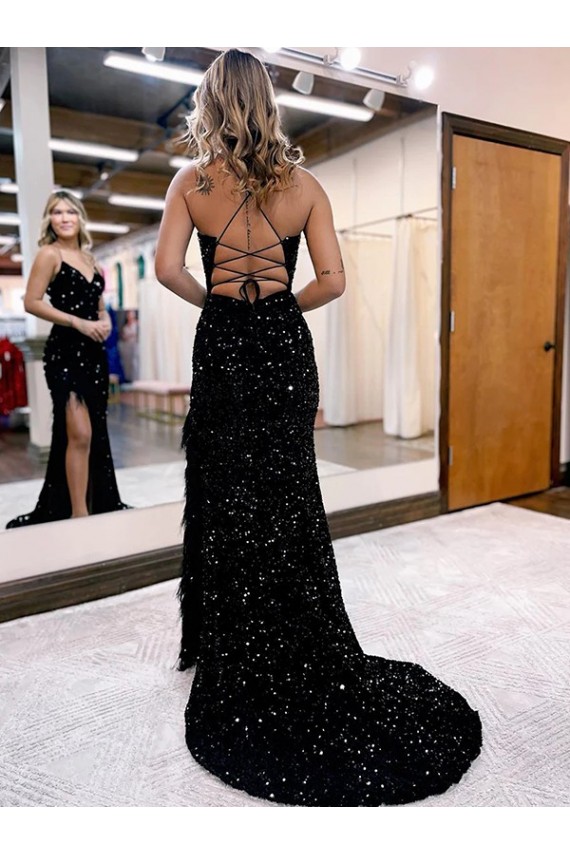 Wholesale Royal Blue Sheath V-Neck Sweep Train Velvet Sequin Prom Dress Canada