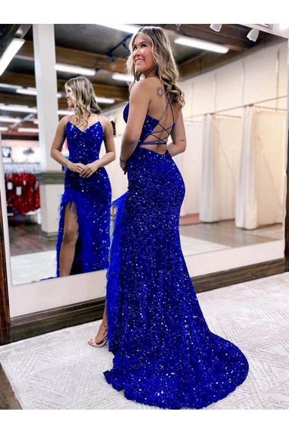 Wholesale Royal Blue Sheath V-Neck Sweep Train Velvet Sequin Prom Dress Canada