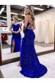 Wholesale Royal Blue Sheath V-Neck Sweep Train Velvet Sequin Prom Dress Canada