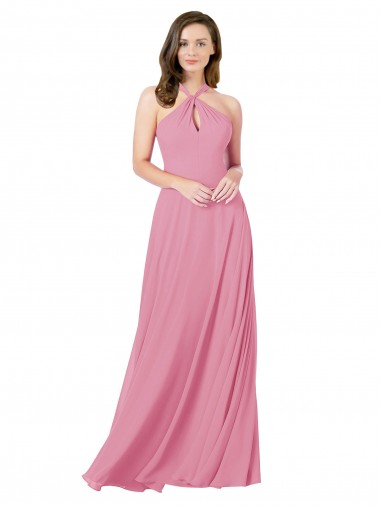 Wholesale Keyhole Back Skin Pink A-Line Halter Neck Long Prom Dress Canada