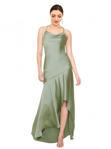 Wholesale Open Back Smoke Green A-Line Cowl Neck Long High Low Prom Dress Canada