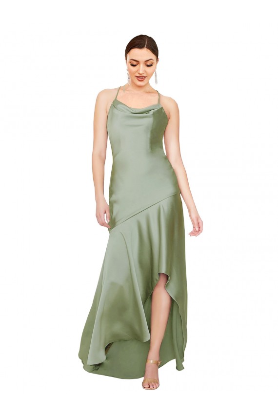 Wholesale Open Back Smoke Green A-Line Cowl Neck Long High Low Prom Dress Canada